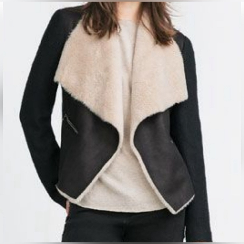 Zara Black and Cream Sherpa Lined Jacket